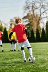 Wall Mural - A group of energetic young men passionately playing a game of soccer on a grassy field, dribbling, passing, and shooting the ball amidst cheers and competitive spirit.