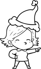 Hand Drawn Line Drawing Of A Woman Pointing Wearing Santa Hat