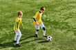© LIGHTFIELD STUDIOS - Two energetic young boys are enthusiastically playing soccer on a spacious field, kicking the ball towards each other and showcasing their skills in a friendly match.