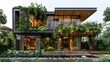A large house with a green roof and a garden on the roof. The house has a lot of windows and a balcony