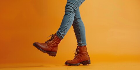 Poster - A person wearing blue jeans and brown boots. Suitable for fashion or outdoor themes