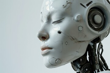 Poster - Intricate Artificial steel robot head with cyber face. Digital futuristic fiction. Generate Ai