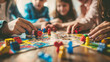 Friends gather around a colorful board game, engaging in a playful match with tokens and dice