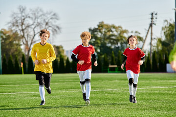 Wall Mural - A lively group of young boys, dressed in soccer attire, dash across a well-maintained green soccer field with determination and excitement.