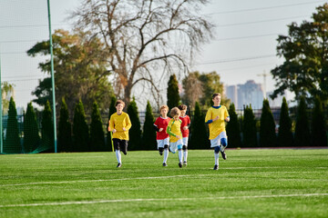 Wall Mural - A group of young boys energetically playing a game of soccer on a grassy field, kicking the ball back and forth while laughing and cheering each other on.