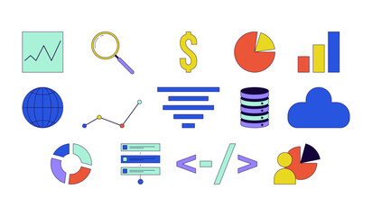 Poster - Analytics database management 2D linear cartoon objects set. Planning, chart graph, cloud storage isolated line vector elements white background. Data analysis color flat spot illustration collection