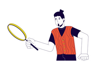 Poster - Caucasian male holding magnifier 2D linear cartoon character. Bearded man using loupe isolated line vector person white background. Guy enlarging magnifying glass color flat spot illustration
