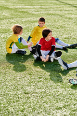 Wall Mural - A group of young boys joyously perch atop a soccer field, their eyes gleaming with excitement and anticipation. 