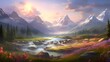 Beautiful panoramic view of alpine meadow with blooming rhododendrons and mountains at sunset