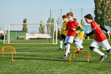 Wall Mural - A lively group of young boys engaged in a competitive game of soccer, running, kicking, and passing the ball on a vibrant field.