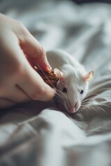 Poster - A white rat chewing on a piece of bread. Suitable for educational materials