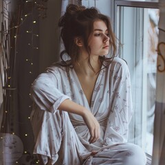 Poster - A woman sitting on a windowsill looking out a window. Suitable for home decor or lifestyle blogs