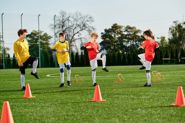 Wall Mural - A group of young boys with vibrant energy kick around a soccer ball on a grassy field, laughing and competing in a friendly game.