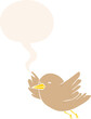 cartoon bird flying with speech bubble in retro style