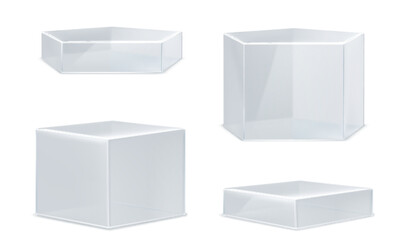 Poster - Glass transparent pentagon product podiums of different height. Realistic vector set of plexiglass or plastic geometric stands for goods display. Empty clear crystal or acrylic pillar platform mockup.