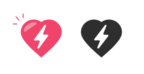 Poster - Heart with lightning bolt energy icon simple vector graphic pictogram, red black white electric thunder battery life symbol sign illustration set, super power love shock image, cardiac load caution