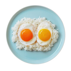 Wall Mural - Two eggs on top of rice on a blue plate