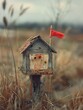 A rustic, tiny mailbox crafted to look like a house, with a red flag raised to signal imaginary vacation postcards inside ,soft shadowns, no contrast, clean sharp,clean sharp focus, 