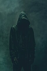 Poster - A mysterious man wearing a hoodie standing in a foggy environment. Suitable for various suspenseful or mysterious themes