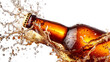 A bottle of beer, creating a splash of liquid. Concept of excitement and enjoyment, as the beer is being poured into the glass, ready to be consumed. porter beer splash from bottle on white background