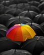 © Pakorn - Lone colorful umbrella in a sea of black ones, bright day, wide angle, standing out, vibrant difference, Hyper realistic