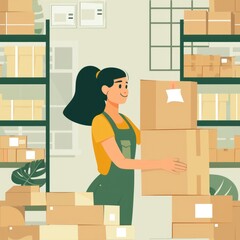 Poster - Woman standing in warehouse holding a box, suitable for logistics and storage concepts