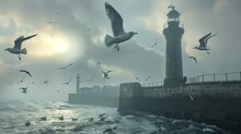 White Seagull Flying Over Sea Water. AI Generated Images