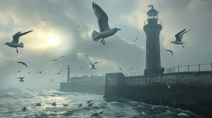 White seagull flying over sea water. AI generated images