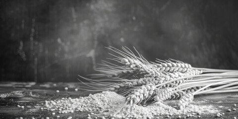 Poster - A bunch of wheat on a rustic wooden table. Perfect for agricultural or farm-themed designs