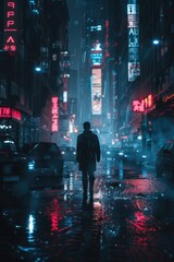 Aufkleber - A man standing in the middle of a city at night. Suitable for urban concept designs