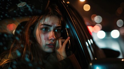 Aufkleber - A woman talking on a cell phone inside a car. Suitable for transportation concepts