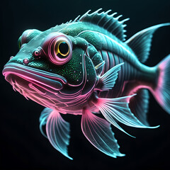 Wall Mural - A fluorescent fish swimming in the darkness of the ocean depths.