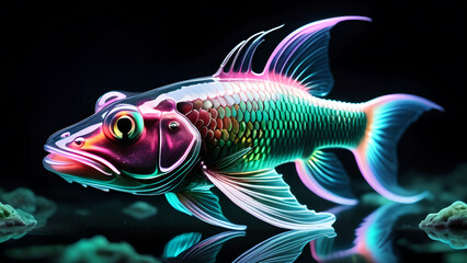 A fluorescent fish swimming in the darkness of the ocean depths.