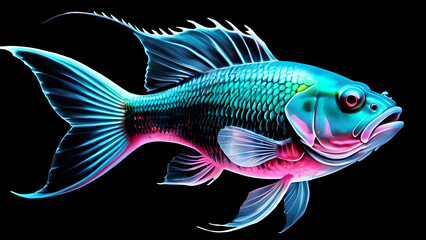 Wall Mural - A fluorescent fish swimming in the darkness of the ocean depths.