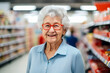 elderly women, bargain purchases and discounts on products in a supermarket store for pensioners, portrait, background