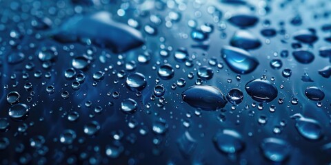 Poster - Close up of water droplets on a blue surface, suitable for various design projects