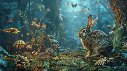Poster - A rabbit sitting in the middle of a forest. Suitable for nature and animal themes
