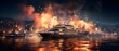 Cruise ship in the sea with fire and smoke. 3d rendering