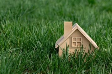 Wall Mural - Symbolic wooden house among green grass