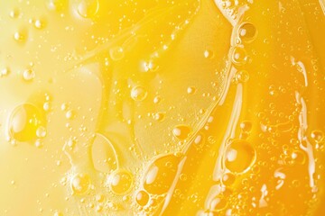 Poster - Close-up of yellow liquid with bubbles. Great for science or medical designs