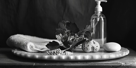 Poster - A black and white photo of a bottle of liquid soap and various items on a table. Suitable for household or hygiene concepts