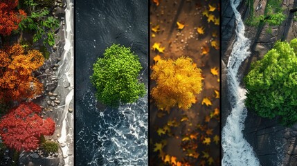 Aufkleber - Four picturesque images of a tranquil river and lush trees. Perfect for nature-themed projects