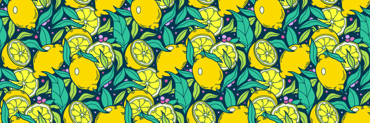 Summer lemon seamless pattern. Tropical fruit and Citrus tree in hand drawn style. Lush yellow summer floral background. For wallpaper or fabric, packaging, brand. Vector doodle illustration.