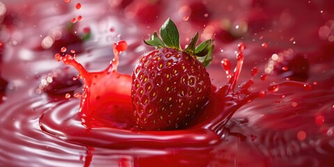 Aufkleber - Fresh strawberry dropping into vibrant red liquid. Great for food and beverage concepts
