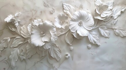 Light decorative texture of plaster wall with volumetric decorative flowers.