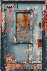 Poster - A rusted metal door with a window, suitable for industrial or urban backgrounds