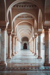 Poster - A long hallway with columns and a clock on the wall. Suitable for interior design concepts
