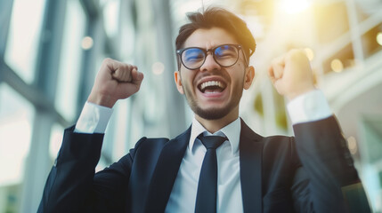 Wall Mural - A businessman celebrating a successful deal with a fist pump and a smile, Concept for success