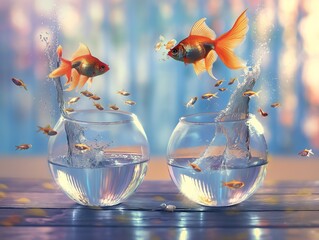 Wall Mural - Angle fish jumping from a small fishbowl to another bigger fishbowl