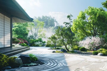 Poster - Tranquil Japanese garden scene, perfect for relaxation and meditation